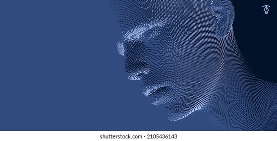 Abstract digital human head constructing from cubes. Minimalistic design for business presentations, flyers or posters. Technology and robotics concept. Voxel art. 3D vector illustration.