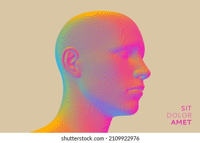 Abstract digital human head constructing from cubes. Minimalistic design for business presentations, flyers or posters. Technology and robotics concept. Voxel art. 3D vector illustration.