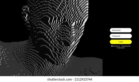 Abstract digital human head constructing from cubes. Login user interface. Modern screen design for mobile app and web design. Website element. Сyber security concept illustration. Voxel art. 