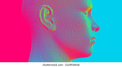 Abstract digital human head constructing from cubes. Minimalistic design for business presentations, flyers or posters. Technology and robotics concept. Voxel art. 3D vector illustration.