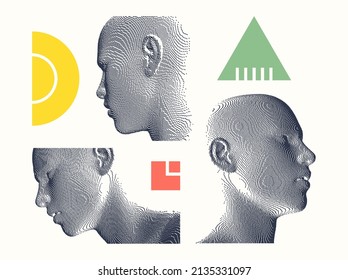 Abstract digital human head constructing from cubes. Minimalistic design for business presentations, flyers or posters. Technology and robotics concept. Voxel art. 3D vector illustration.