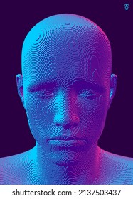 Abstract digital human head constructing from cubes. Minimalistic design for business presentations, flyers or posters. Technology and robotics concept. Voxel art. 3D vector illustration.