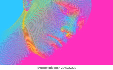 Abstract digital human head constructing from cubes. Minimalistic design for business presentations, flyers or posters. Technology and robotics concept. Voxel art. 3D vector illustration.