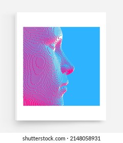 Abstract digital human head constructing from cubes. Minimalistic design for business presentations, flyers or posters. Technology and robotics concept. Voxel art. 3D vector illustration.
