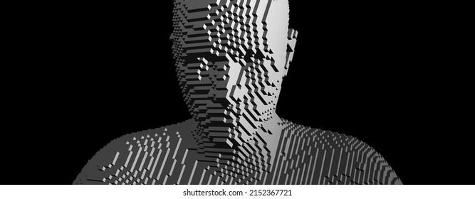 Abstract digital human head constructing from cubes. Minimalistic design for business presentations, flyers or posters. Technology and robotics concept. Voxel art. 3D vector illustration.