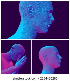 Abstract digital human head constructing from cubes. Man who prays. Hands in praying position. Concept for religion, worship, love and spirituality. Voxel art. 3D vector illustration. 