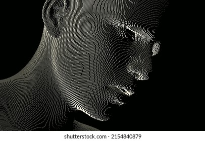 Abstract digital human head constructing from cubes. Minimalistic design for business presentations, flyers or posters. Technology and robotics concept. Voxel art. 3D vector illustration.