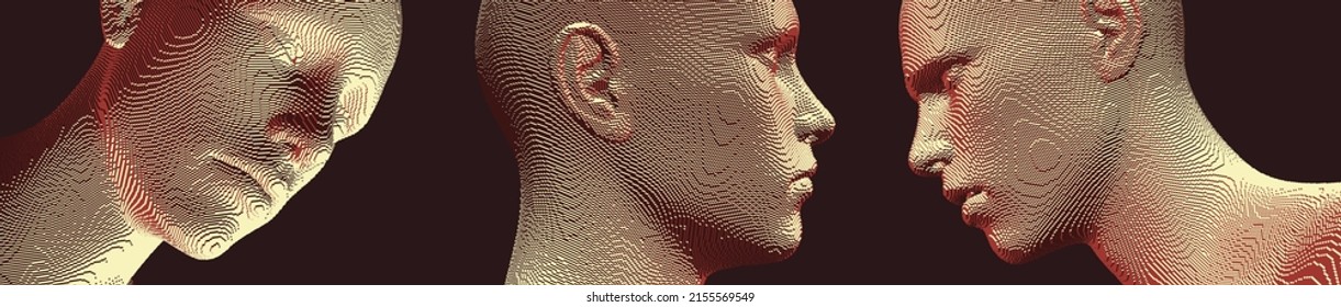 Abstract digital human head constructing from cubes. Minimalistic design for business presentations, flyers or posters. Technology and robotics concept. Voxel art. 3D vector illustration.
