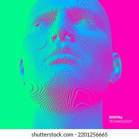 Abstract digital human head constructing from cubes. Minimalistic design for business presentations, flyers or posters. Technology and robotics concept. Voxel art. 3D vector illustration.