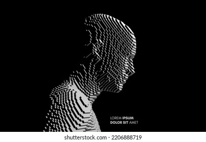 Abstract digital human head constructing from cubes. Minimalistic design for business presentations, flyers or posters. Technology and robotics concept. Voxel art. 3D vector illustration.