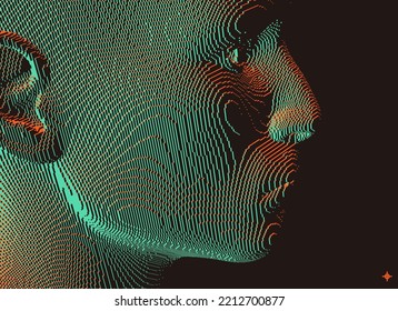 Abstract digital human head constructing from cubes. Minimalistic design for business presentations, flyers or posters. Technology and robotics concept. Voxel art. 3D vector illustration.