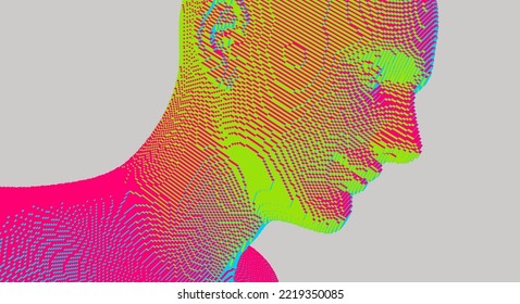 Abstract digital human head constructing from cubes. Minimalistic design for business presentations, flyers or posters. Technology and robotics concept. Voxel art. 3D vector illustration.