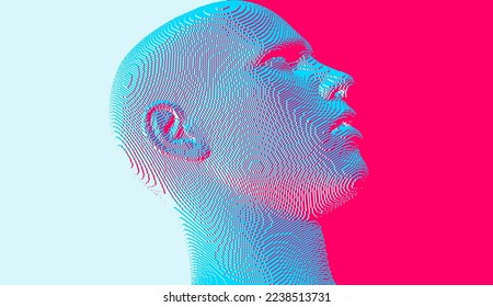 Abstract digital human head constructing from cubes. Minimalistic design for business presentations, flyers or posters. Technology and robotics concept. Voxel art. 3D vector illustration.