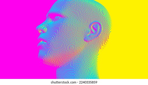 Abstract digital human head constructing from cubes. Minimalistic design for business presentations, flyers or posters. Technology and robotics concept. Voxel art. 3D vector illustration.