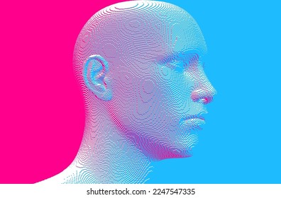 Abstract digital human head constructing from cubes. Minimalistic design for business presentations, flyers or posters. Technology and robotics concept. Voxel art. 3D vector illustration.