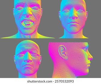 Abstract digital human head constructing from cubes. Furious screaming man. Closeup portrait of man with his eyes closed. Voxelized face. Technology and robotics concept. 3D vector illustration.