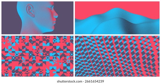Abstract digital human head constructing from cubes. Modern background with cubes. Voxel art. Landscape background with particles. 3d vector pattern for brochure, poster, presentation, flyer or banner