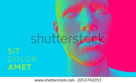 Abstract digital human head constructing from cubes. Minimalistic design for business presentations, flyers or posters. Technology and robotics concept. Voxel art. 3D vector illustration.
