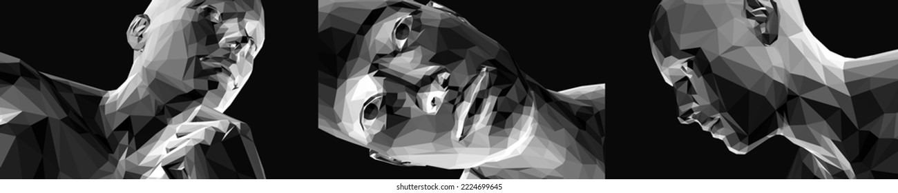 Abstract digital human head. Face side view. Time to think. Giving it a little thought. Minimalistic design for business presentations, flyers or posters. 3d vector illustration.