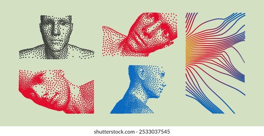 Abstractas cabeza humana digital. Perfil y retrato facial. Es hora de pensar. Pensándolo un poco. Matriz con partículas emitidas dinámicas. Vector 3D para póster, portada, folleto o presentación.