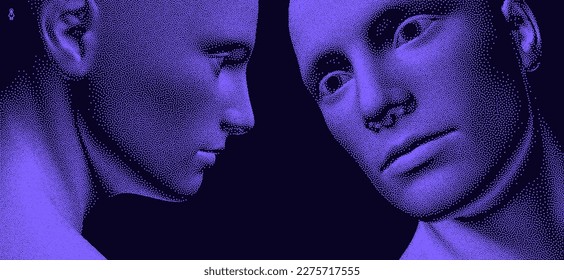 Abstract digital human head. Technology concept. Anonymous social masking. Dialogue, contact, conversational exchange between two individuals. Cyber security vector illustration. 