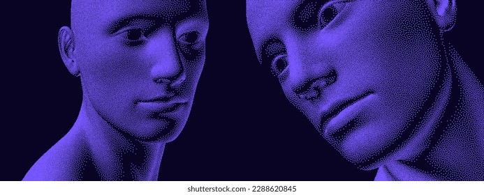 Abstract digital human head. Technology concept. Anonymous social masking. Dialogue, contact, conversational exchange between two individuals. 3d vector illustration.