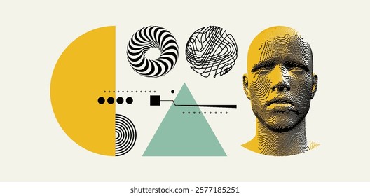 Abstract digital human head in voxel art style. Sphere of thin twisted lines. Black and white striped torus. 3D vector illustration for cover, brochure, poster, presentation, flyer or banner.