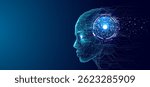 Abstract digital humanoid robot head with a quantum futuristic processor. Side view. Bright light circle neon sky-fi chip. AI brain concept. Cyborg face with glowing semiconductor in a head. Tech bg.