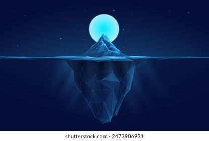 Abstract digital iceberg in a cold ocean. Light blue moon in night starry sky. Technology background. Ice mountain or glacier with underwater piece bg. Low poly wireframe vector illustration. Big data