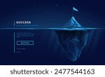 Abstract digital iceberg with a flag on the peak. Night technology background. Mountain with an underwater part. Abstract tech bg. Iceberg in sea or ocean. Vector low poly wireframe 3D illustration.
