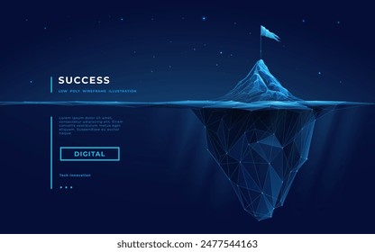 Abstract digital iceberg with a flag on the peak. Night technology background. Mountain with an underwater part. Abstract tech bg. Iceberg in sea or ocean. Vector low poly wireframe 3D illustration.