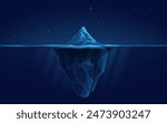 Abstract digital iceberg. Water surface on a blue night background. Ice underwater and mountain. Technology low poly wireframe glacier in the ocean. Polygonal geometric vector illustration. Tech bg.
