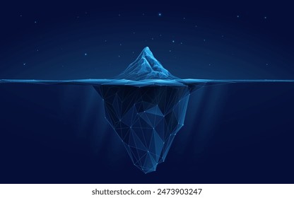 Abstrakter digitaler Eisberg. Wasseroberfläche auf blauem Nachthintergrund. Eis unter Wasser und Berg. Technologie Low Poly Wireframe Gletscher im Ozean. Polygonale geometrische Vektorillustration. In: Tech Bg.
