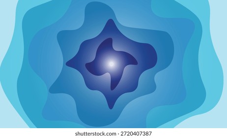 Una ilustración digital abstracta que presenta capas concéntricas y onduladas en varios tonos de azul, creando una sensación de profundidad y movimiento hacia un punto central brillante. Adecuado para fondos modernos o g