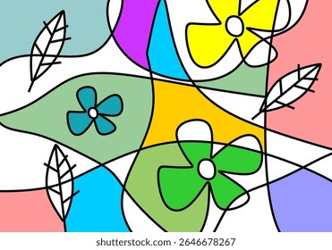 abstract digital illustration featuring a dynamic composition of stylized flowers and leaves.