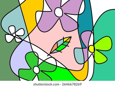 abstract digital illustration featuring a dynamic composition of stylized flowers and leaves.