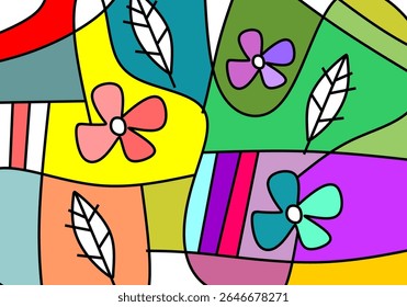 abstract digital illustration featuring a dynamic composition of stylized flowers and leaves.