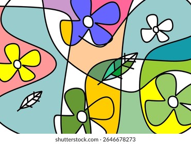 abstract digital illustration featuring a dynamic composition of stylized flowers and leaves.