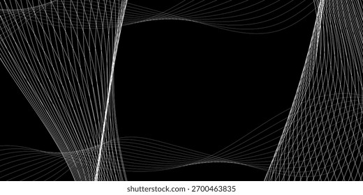 Una ilustración digital abstracta con líneas blancas elegantes y delgadas que fluyen e intersectan sobre un fondo negro sólido, creando una sensación de profundidad y movimiento.