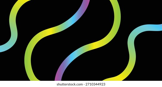 An abstract digital illustration featuring several smooth, wavy lines with a vibrant rainbow gradient. The colorful, flowing shapes stand out against a solid black background.