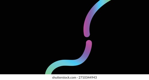 An abstract digital illustration featuring a single, thick, wavy line with a colorful gradient on a solid black background. The line has a small break in the center.
