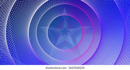 An abstract digital illustration featuring a star shape created from lines, surrounded by a spiral of colorful, interconnected lines. The design uses shades of blue, pink, and purple 