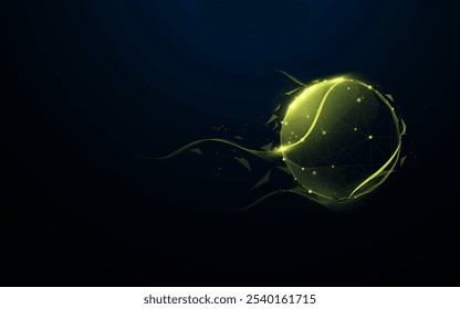 Abstract digital illustration of a glowing neon tennis ball with geometric patterns on a dark background