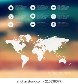  Abstract digital illustration Infographic. Map on blurry background. illustration Infographic. Blurred. Background. Website icons template.