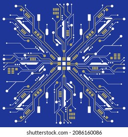 Abstract digital illustration of microchip board on snowflake shape on blue background. Technology concept image. Happy new year and merry christmas card.