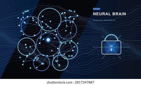 Abstract digital illustration of a neural brain network with a secure padlock icon and data flow lines on a dark background.
