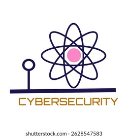 Abstrakte digitale Illustration, die Cybersicherheit darstellt. Stilisiertes Atom. WORT CYBERSICHERHEIT. Konzept für Schutz, digitalen Zugang und technologische Sicherheit im Online-Raum. Vektorgrafik.