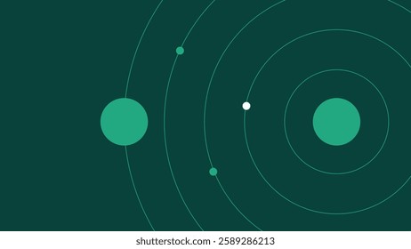 Abstract digital illustration of a stylized solar system with planetary orbits on a dark green background. Futuristic design suitable for science, astronomy, space exploration, and technology themes.