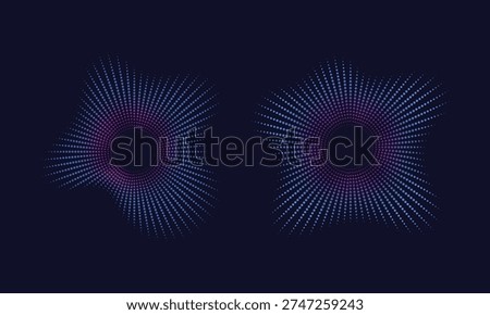 Abstract digital illustration of two sound wave-like particle formations against a dark background