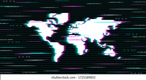 Abstract digital illustration of world map. Distorted interface screen, signal error, fail. Glitch effect technology background. Conceptual image of VHS dead pixels.